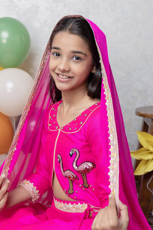 FLAMINGO AND DEER PINK LEHENGA SET